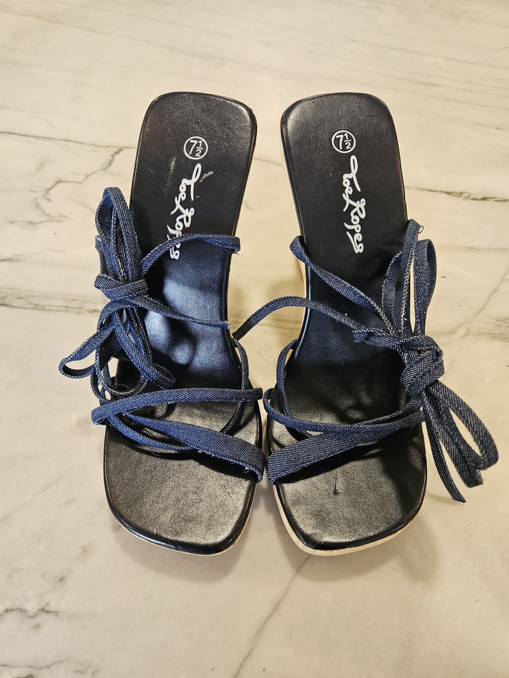 Vintage Y2K Toe Ropes Denim Lace Up Strappy Heeled Sandals Mules Square Toe 7.5